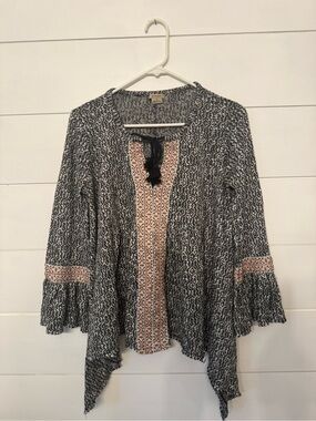 Anama Black and Cream Patterned Open Front Blouse with Rust Trim